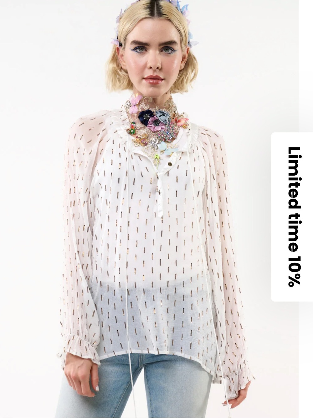 NWT Aratta Silent Journey- Maven Sheer Ivory Blouse with Subtle Metallic Detail